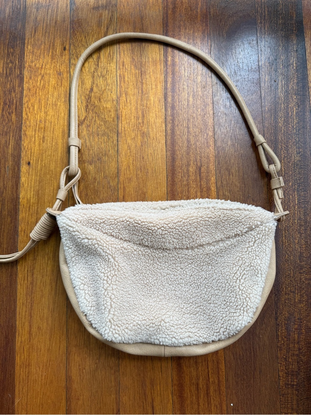 Free People Tan Sherpa Crossbody Bag with leather straps
